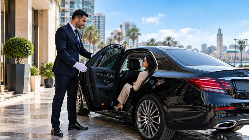 Chauffeur privé DarbWashPro ouvrant la portière d’une berline à une passagère à Casablanca