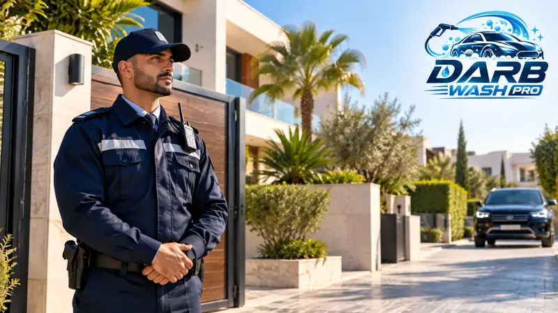 Agent de surveillance DarbWashPro devant l’entrée d’une villa à Dar Bouazza