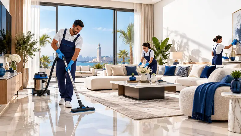 Équipe DarbWashPro réalisant un grand nettoyage dans le salon d’une maison à Casablanca