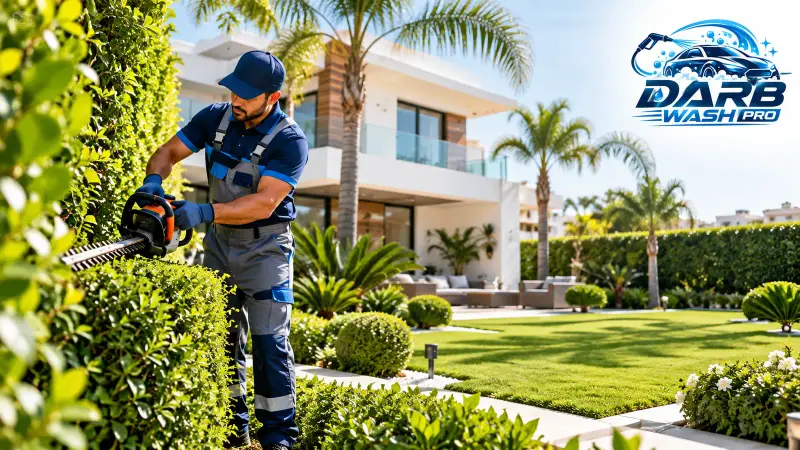Jardinier DarbWashPro taillant une haie devant une villa à Dar Bouazza
