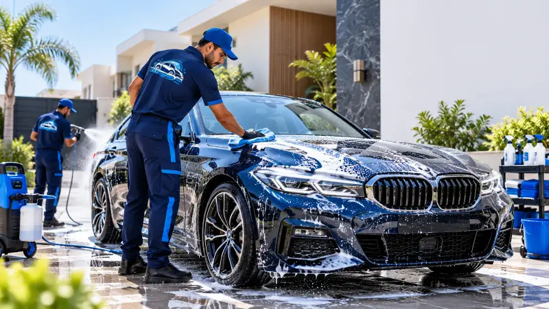 Laveurs DarbWashPro nettoyant une berline devant une villa à Casablanca