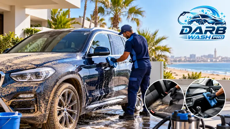 Laveur DarbWashPro nettoyant un SUV couvert de sable après la plage de Dar Bouazza