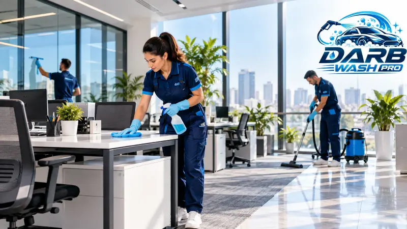 Équipe DarbWashPro nettoyant des bureaux neufs avec vue sur Casablanca