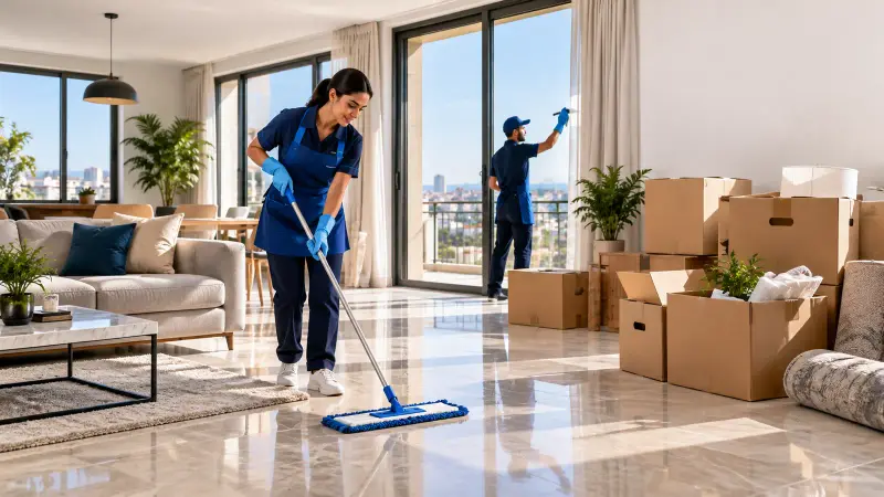 Agents DarbWashPro nettoyant sols et vitres d’un appartement entre les cartons de déménagement