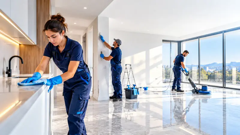 Équipe DarbWashPro nettoyant un appartement neuf après travaux avant la remise des clés