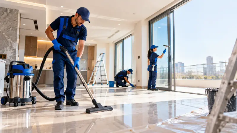 Agents DarbWashPro aspirant la poussière de chantier dans un appartement rénové